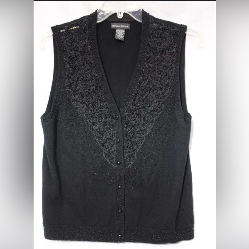 BANANA REPUBLIC Black 100% Merino Wool Beaded Button Down Vest Womens